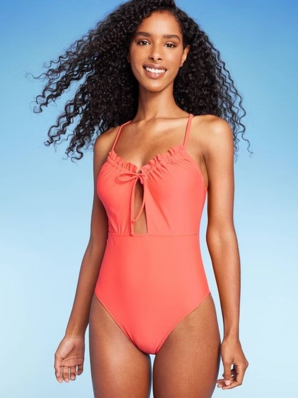 Shade & Shore Coral Ruffle Tie-Front One-Piece Swimsuit
